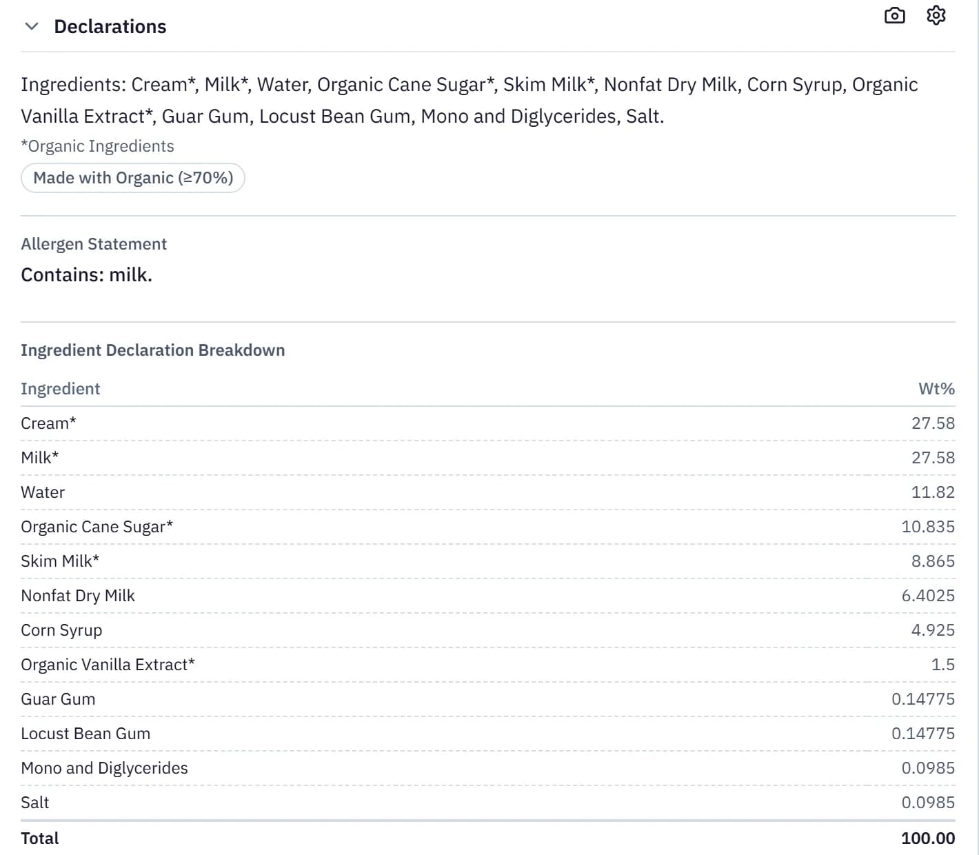 The ingredient statement Brix wrote for a vanilla pint, with organic ingredients starred, a Made with Organic badge, Contains: milk, the weight breakdown, and the declaration settings panel.