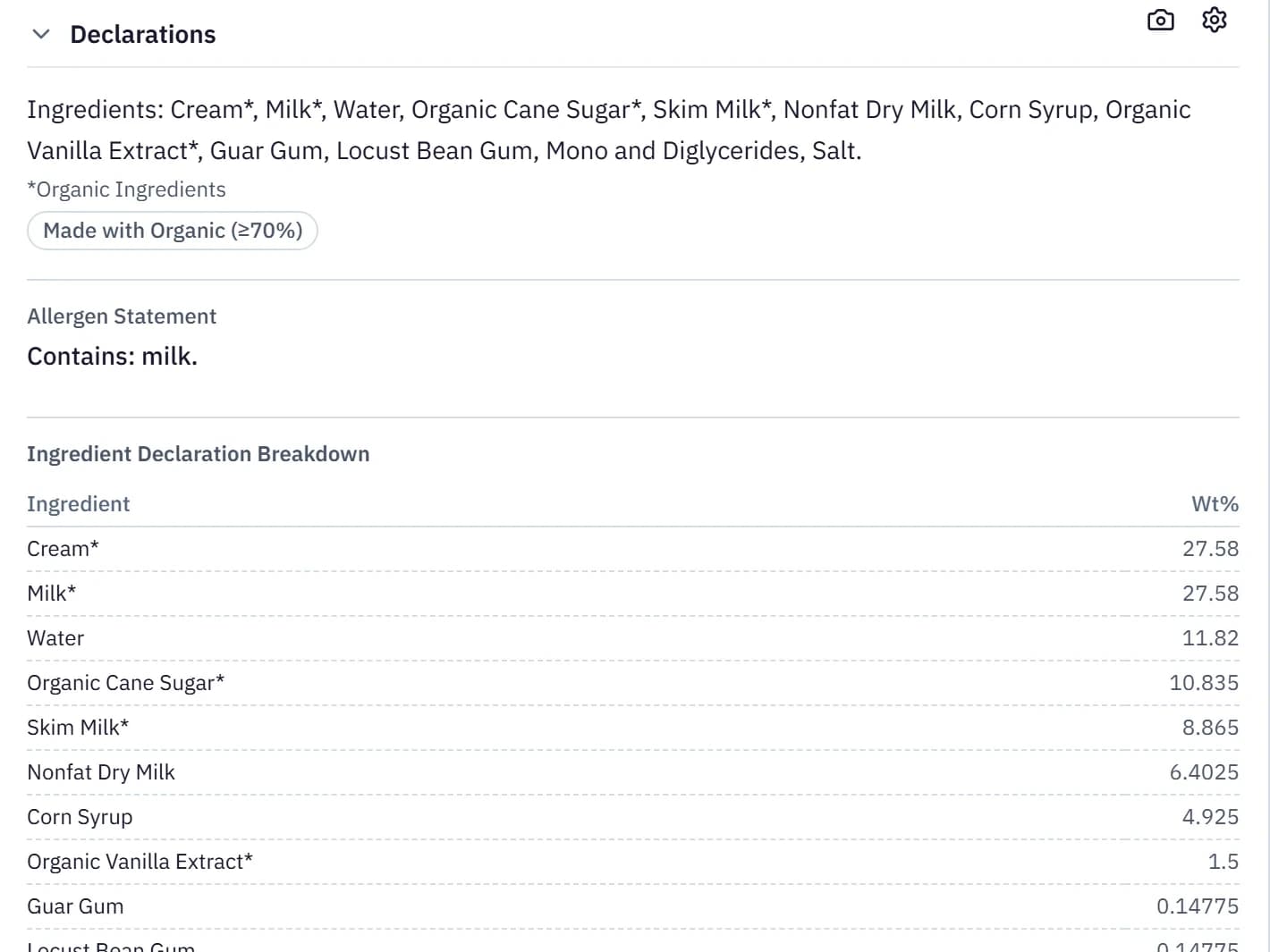 The ingredient statement Brix wrote for a vanilla pint, with organic ingredients starred, a Made with Organic badge, Contains: milk, the weight breakdown, and the declaration settings panel.