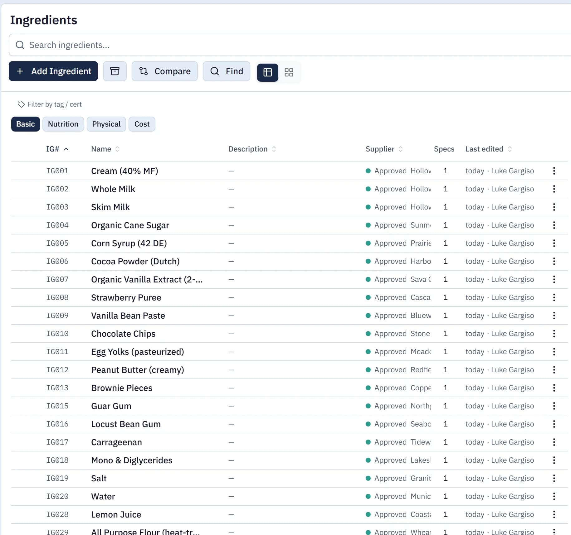 The Brix ingredient library with the Cream record open, and three insets: a supplier spec sheet after Brix pulled out its values, a search of the Brix Library showing USDA reference milks, and the dialog offering to upload, search, clone or enter data.