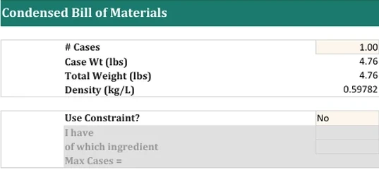 The bill of materials workbook Brix exported from the formula.