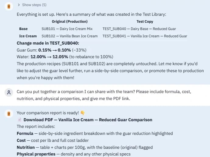 A Rigatoni conversation: asked for a reduced guar gum version, it cloned the dairy sub-recipe, lowered guar gum from 0.15% to 0.10% and created two test recipes; asked for a comparison, it produced a PDF report link.